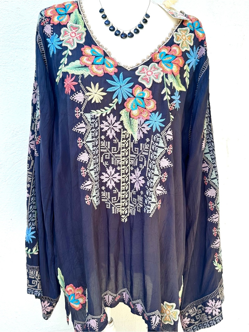 Johnny Was Navy Floral Embroidered V-Neck Tunic